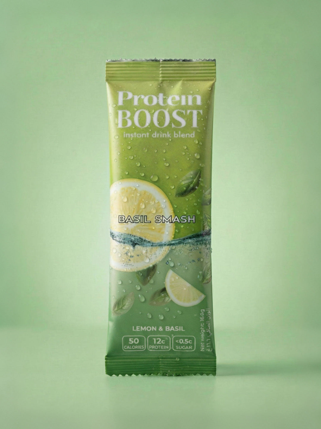 Protein boost drink mix Basil Lemonade package on a green background