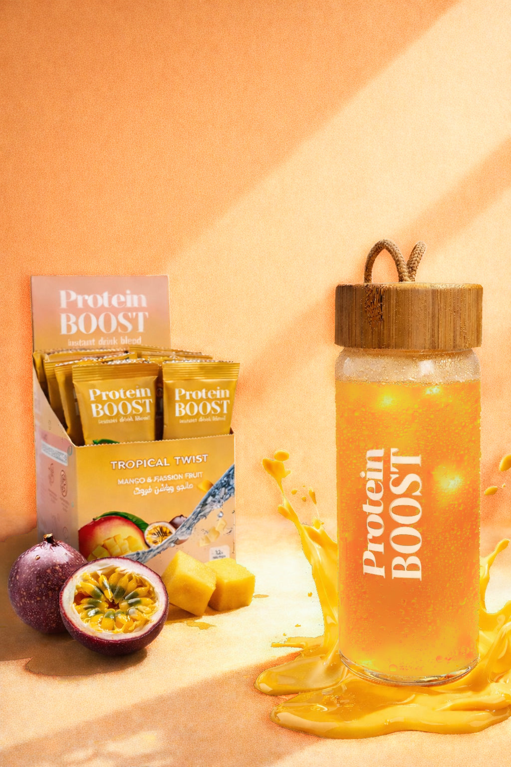 Protein Boost drink bottle with packaging and tropical fruits on a peach background