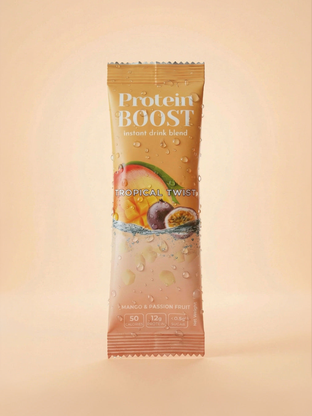 Protein Boost instant drink blend package with tropical twist flavor on a beige background