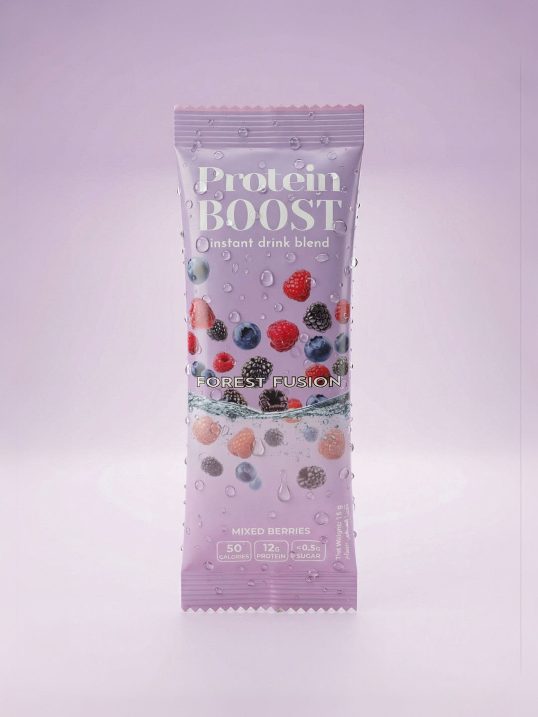 Protein Boost instant drink blend package with forest fusion Mixed Berries flavor on a light purple background