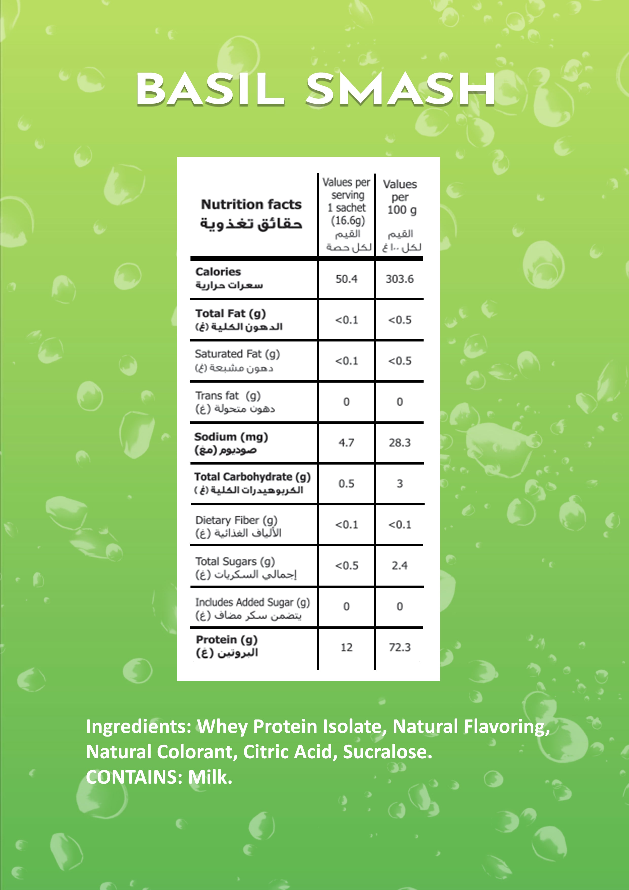 Nutrition facts label Basil Smash Basil Lemonade on a green background 