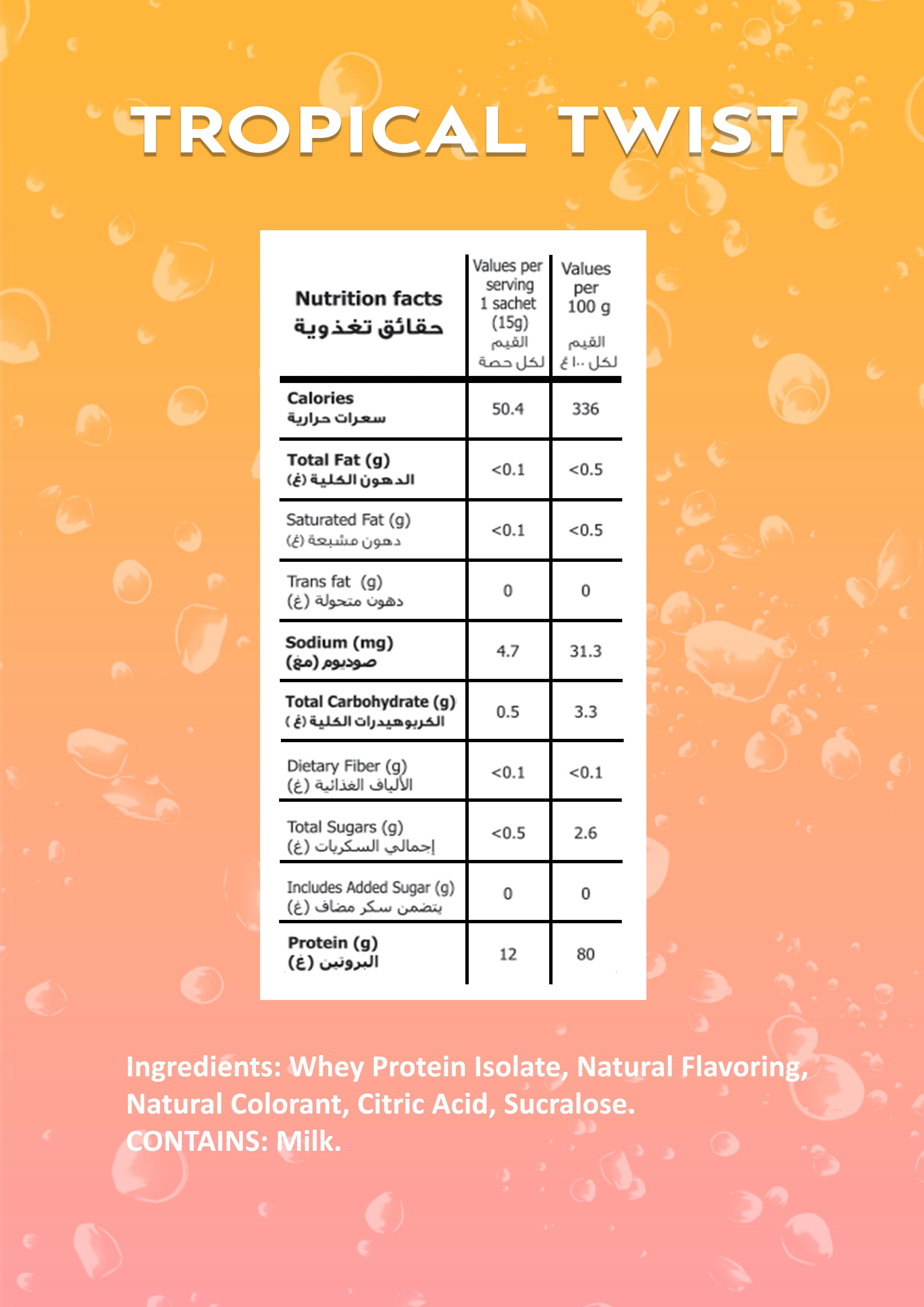 Nutrition facts label for tropical twist mango passion fruit flavor on a gradient background.