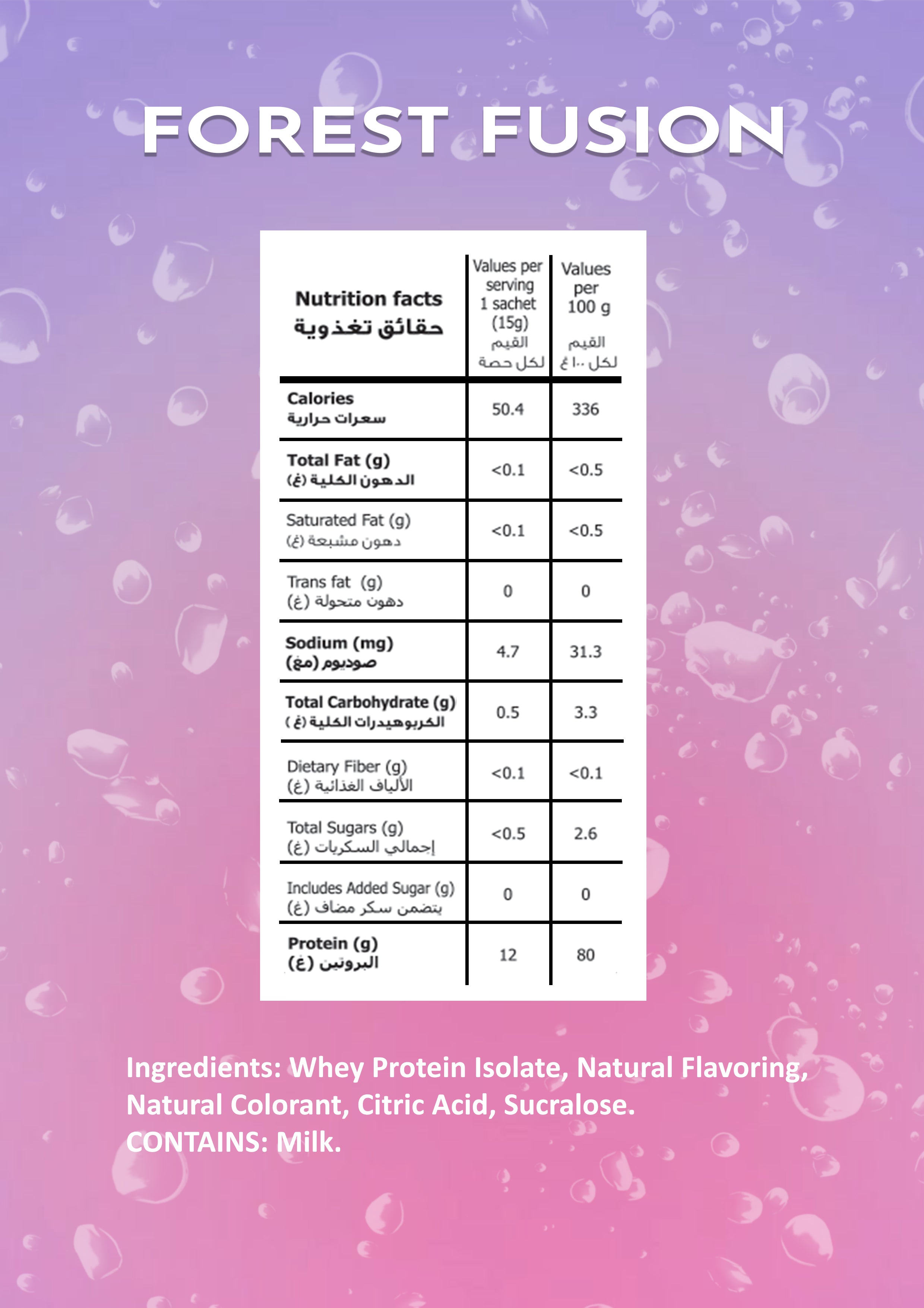 Nutrition facts label for Forest Fusion Mixed Berries with a pink and purple gradient background.