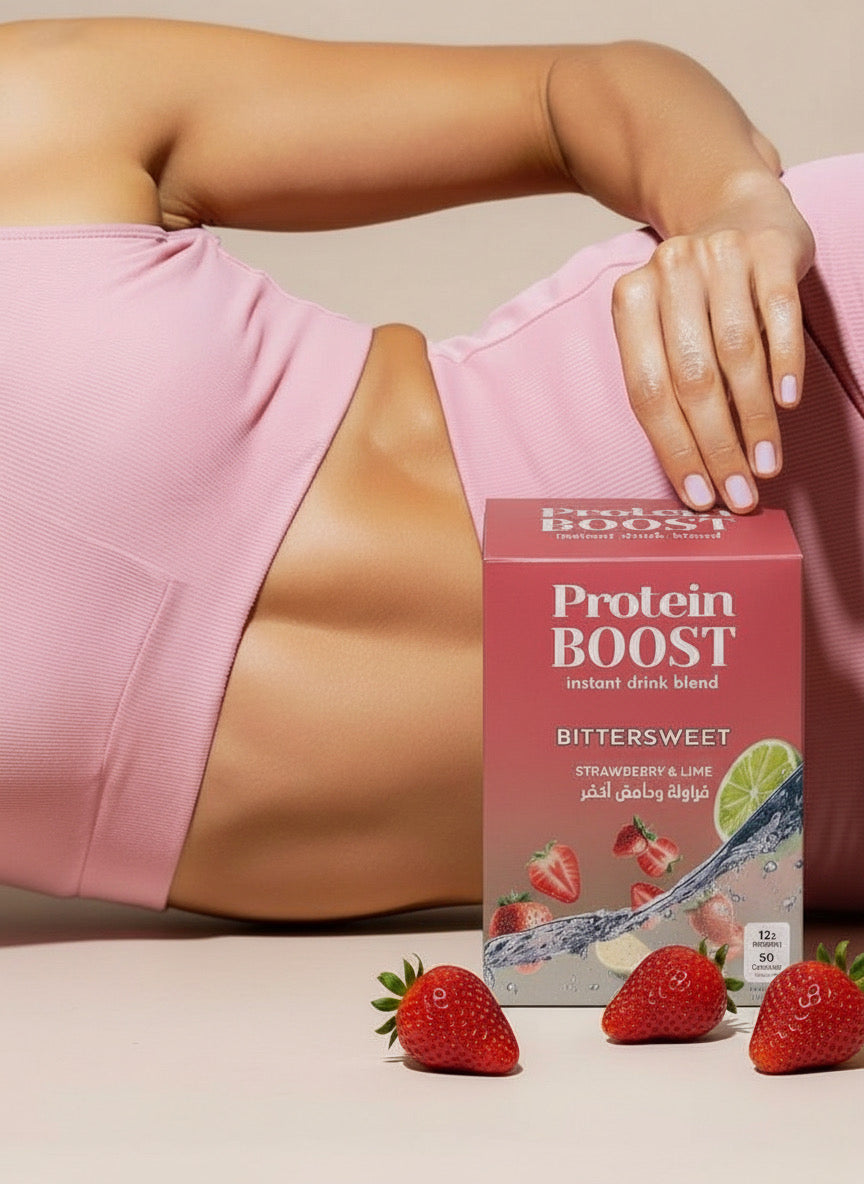 Person holding a protein boost strawberry lime box with strawberries on a beige background