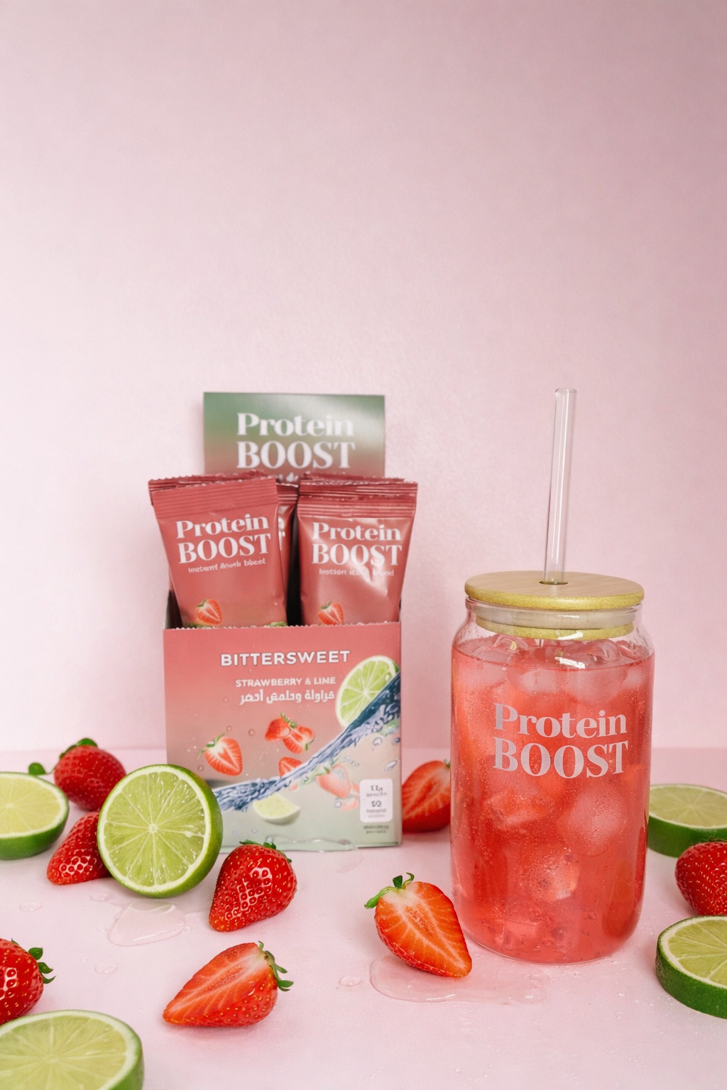 Protein Boost drink mix packaging with a glass of strawberry lime flavored drink on a pink background.