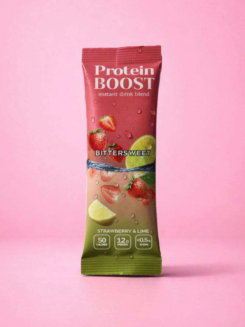 Protein Boost instant drink blend package with strawberry and lime flavor on a pink background